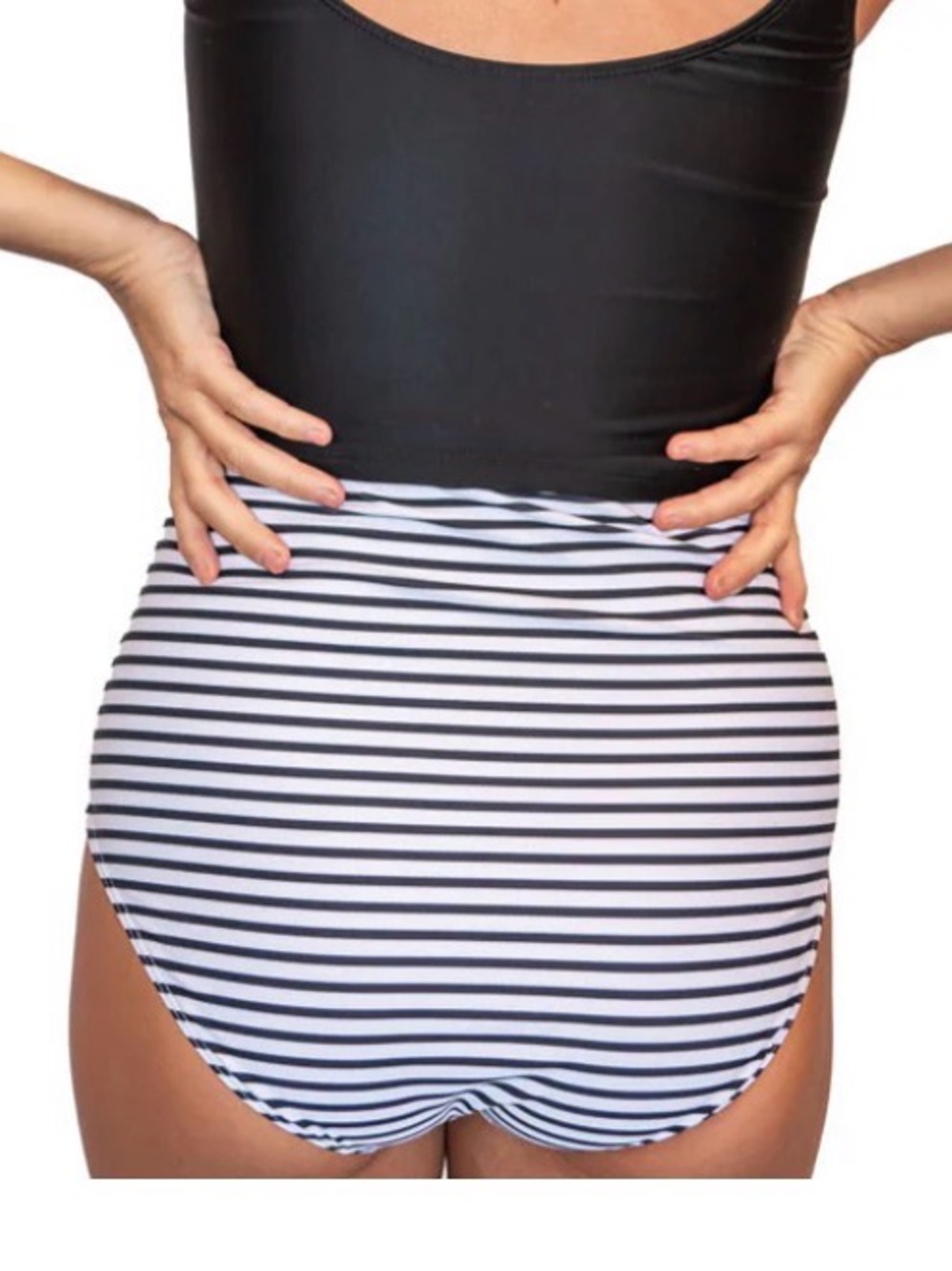 High-Waist Black & White Stripe Bikini Bottom - Women Swim
